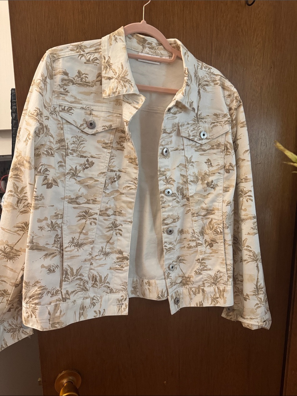 Belle by Kim Gravel Cream Jean Jacket with Tan Botanical Motif